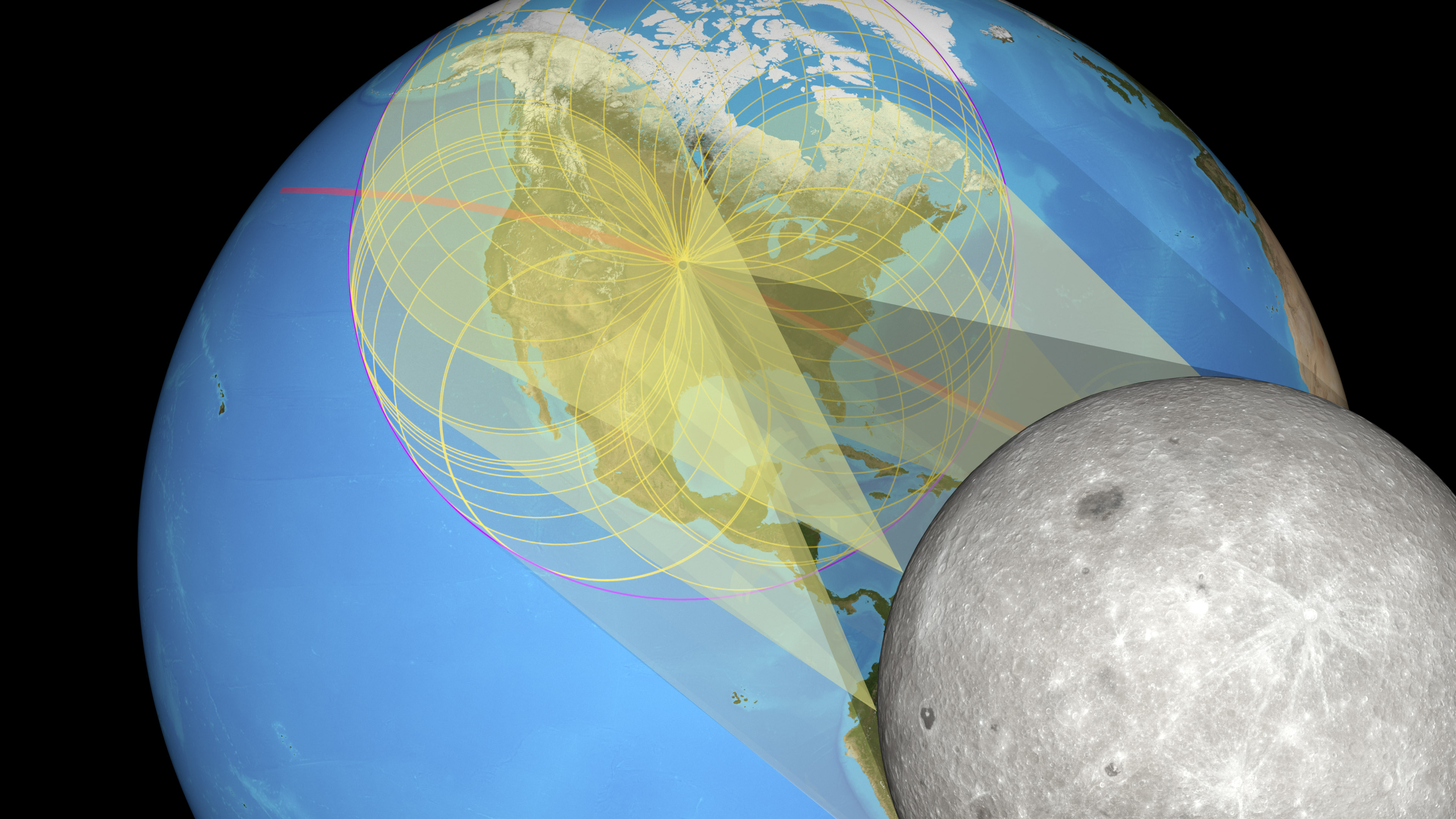 Conceptual NASA visualization of sunlight projected through lunar valleys to form the eclipse shadow