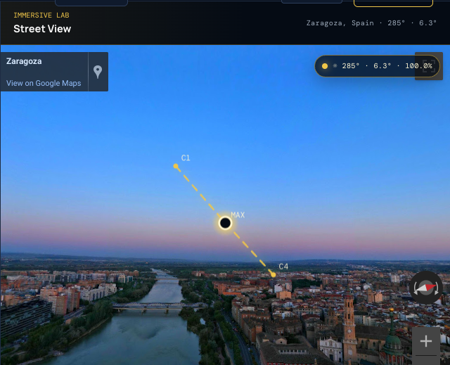 Google Street View panorama of Zaragoza with the eclipse trajectory from first contact to fourth contact overlaid